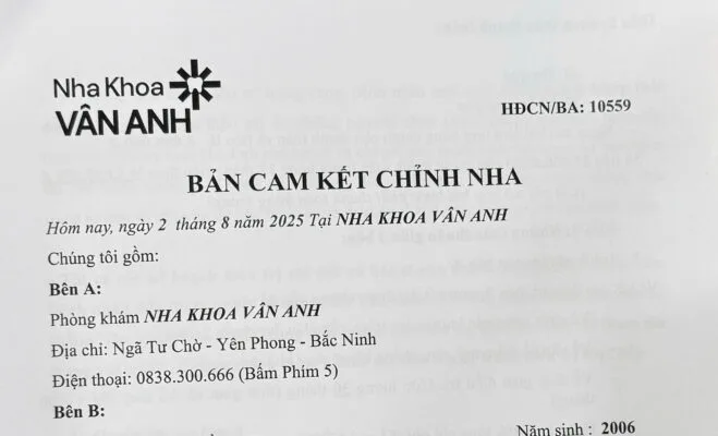 hợp đồng cam kết chỉnh nha nha khoa vân anh